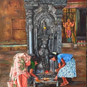 Morning Devotion — Temple Ritual, South India (Original Oil Painting)